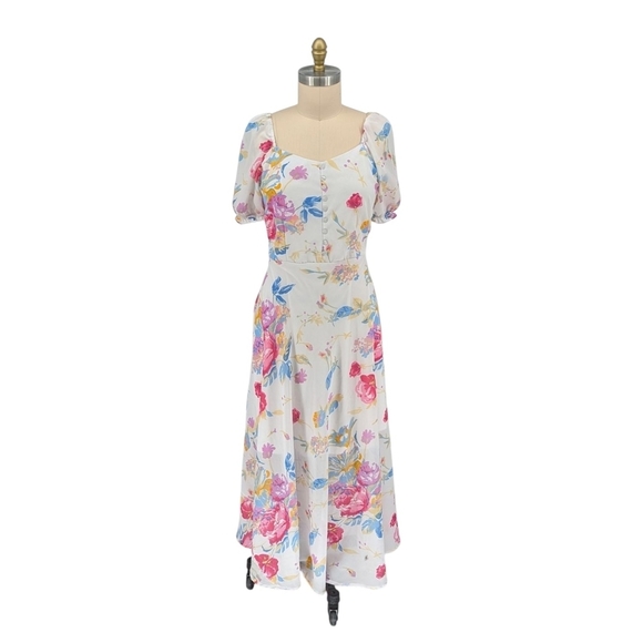 rare Dresses & Skirts - Rare Floral Sweetheart A Line Maxi Dress White Pink XL preppy bohemian summer